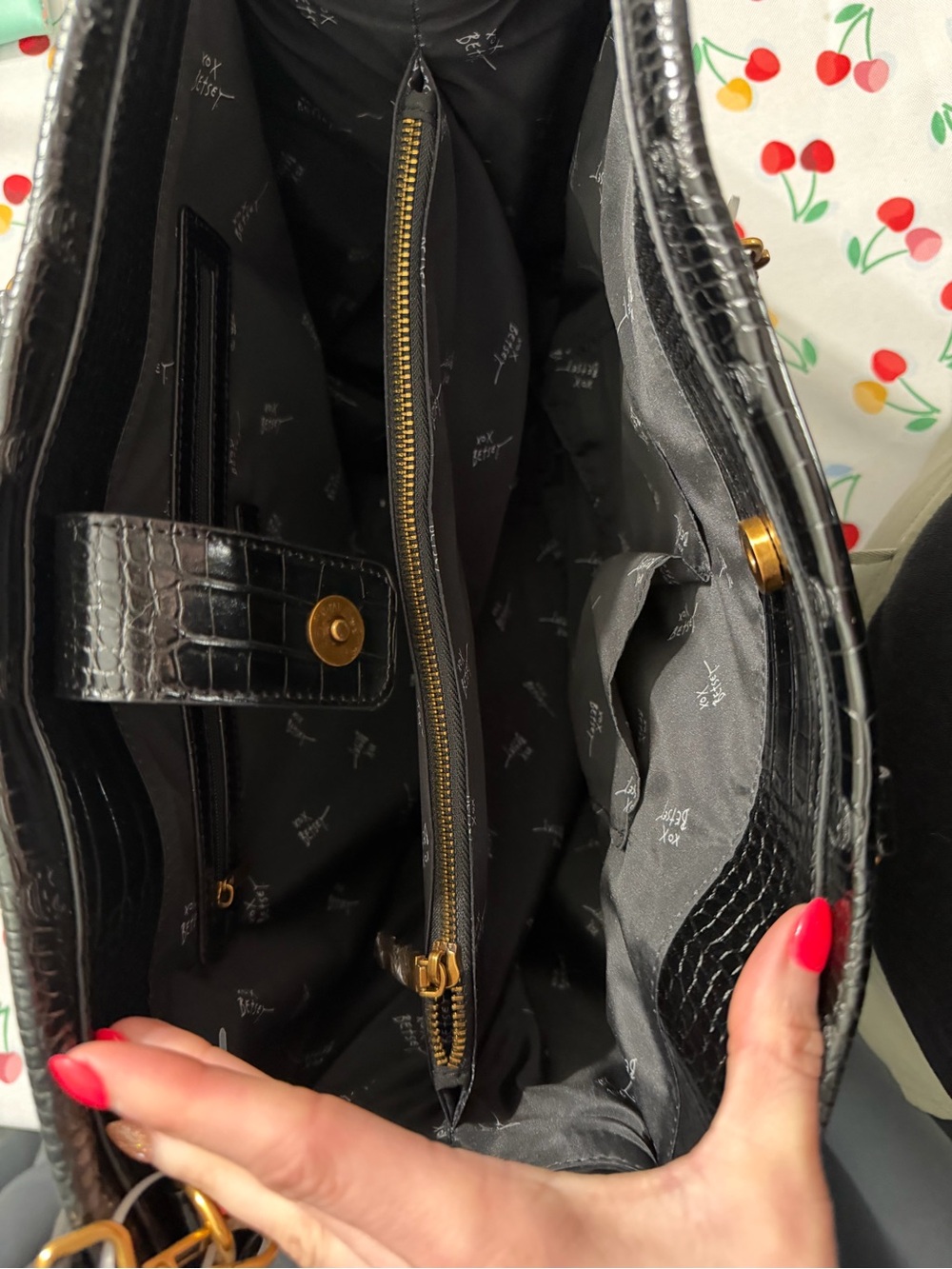 Betsey Johnson Black Croc-Embossed Tote with Gold Studs & Charm - Picture 3 of 3
